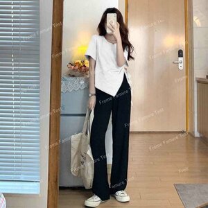 韓国風 レディース 半袖Tシャツ 夏新しい 気質 ファッションTシャツ 不規則な裾 M ホワイト