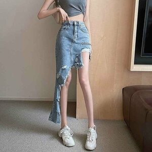  miniskirt Denim skirt asimeto Lee damage processing casual lovely Denim simple S light blue 