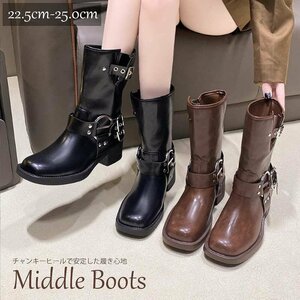  lady's shoes middle boots Short buckle autumn winter low heel black black Brown 22.5cm(35) black 