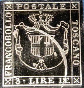 5 イタリア トスカーナ サヴォイア 十字紋章 3リラ 黄色土 希少な切手 日本郵趣 純銀製 エラー切手 1860年 メダル コイン プレート
