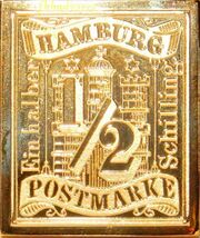 8 ドイツ ハンブルク 1/2シリング 城 紋章 記念切手 コレクション 国際郵便 限定版 純金張り 24KTゴールド 純銀製 メダル コイン プレート_画像1