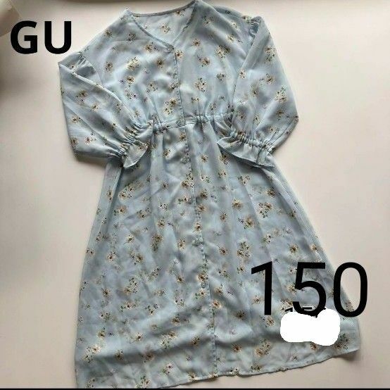 GU シースルーワンピー 150cm 花柄 ブルー 水色　七分袖