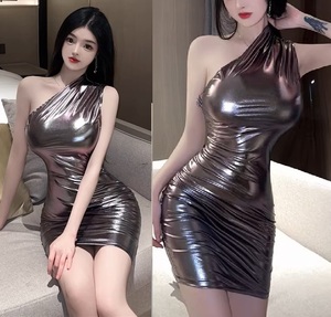 * new goods [ attraction Style] sexy! good quality ... material off shoru shoulder opening tight One-piece silver silver metallic 