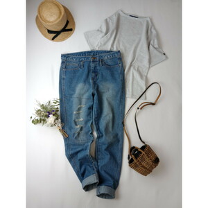 antiqua anti ka[... feeling . burnishing ....] cotton cotton 100% damage Denim pants M (35S+0657)