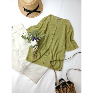  Margaret Howell [...! color . put on ....!]linen flax 100% short sleeves knitted cardigan feather woven green green Ⅱ(50S+9767)