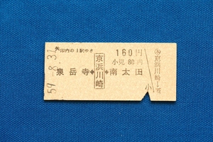 硬券乗車券 京急 泉岳寺←京浜川崎→南太田 160円 旧駅名 けいひんかわさき 京浜急行 昭和59年【中古】