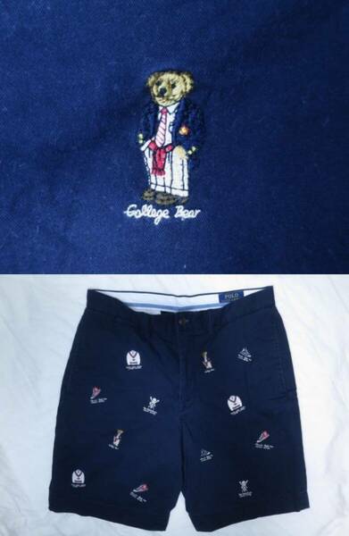 ポロベア POLO RALPH LAUREN ポロ ラルフローレン ストレッチ チノ ショートパンツ W30 ネイビー カレッジ スカル 総柄 刺繍