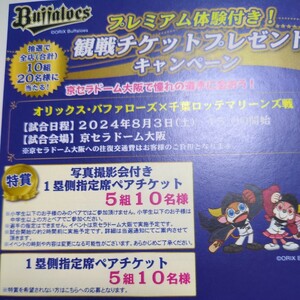 レシート懸賞応募●オリックスバファローズ千葉ロッテマリーンズ戦　京セラドーム大阪　ペアチケット当たるレシート１口分