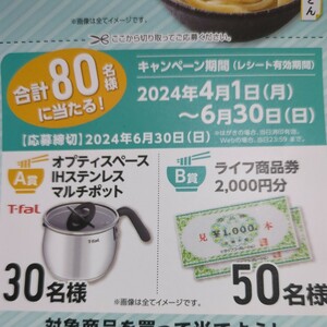 レシート懸賞応募●T-falマルチポット　ライフ商品券2000円当たる!レシート１口分