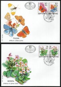 FDC J232 セルビア・モンテネグロ 昆虫 蝶 花 4V完貼り(2通組) 2004年発行 初日カバー