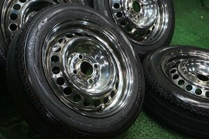 カスタムスチールホイール　メッキ塗装◆KIWAMI◆　5.5J　OFF+45　155/65R14　マッドスター　ホワイトリボン　キャンピング　アゲトラ