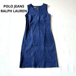 редкий Polo джинсы Ralph Lauren POLO JEANS RALPH LAUREN прекрасный Silhouette стрейч Denim One-piece хлопок эластичный синий голубой платье 