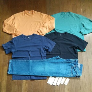 ユニクロ 半袖 Tシャツ ＋ 長袖 Tシャツ + ジーンズ ５点 セット / UNIQLO レギュラーフィット ブラック ネイビー グリーン オレンジ 