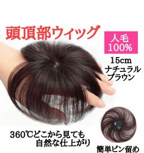 頭頂部ウィッグ 部分かつら つけ毛 ブラウン ヘアピース 15cm 自然 頭頂部 ウィッグ　白髪