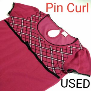 Pin Curl・ピンカール★レディーストップス・ニットソー・カットソー・半袖・濃いピンク・チェック・柄・春夏秋