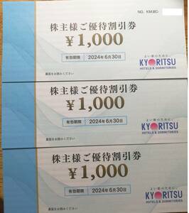 共立メンテナンス株主優待券 1000円券が3枚+リゾートホテル優待券 2枚 2024年6月30日まで