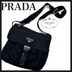 PRADA Prada shoulder bag te Hsu to nylon black black diagonal .. leather belt triangle Logo 