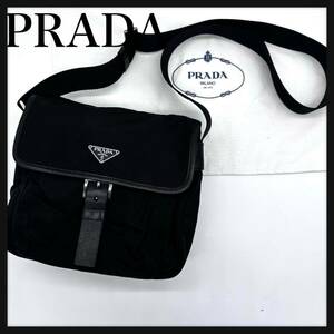 PRADA Prada triangle plate shoulder bag black black leather diagonal ..te Hsu to nylon triangle Logo camera bag 