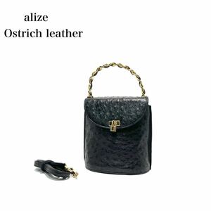 ☆美品☆ alize italy製 Ostrich leather オーストリッチ ダチョウ革 チェーンハンドル ゴールド金具 2way ハンドバッグ ショルダーバッグ 