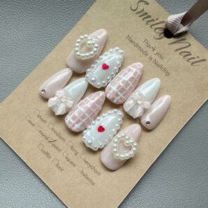 《253》量産型 地雷 ガーリー ピンク ハート ネイルチップ チェック柄