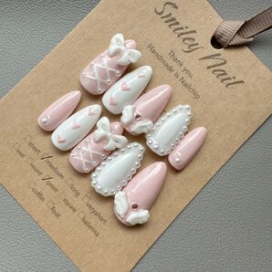 量産型 地雷 ガーリー 白 ピンク ウィング リボン ネイルチップ