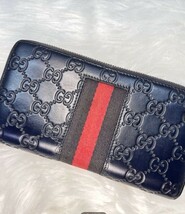 美品！ GUCCI グッチ シェリーライン 長財布 ラウンドファスナー GG レザー ネイビー　送料込み！_画像2