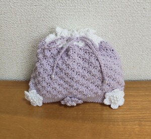 【手編み】巾着 紫