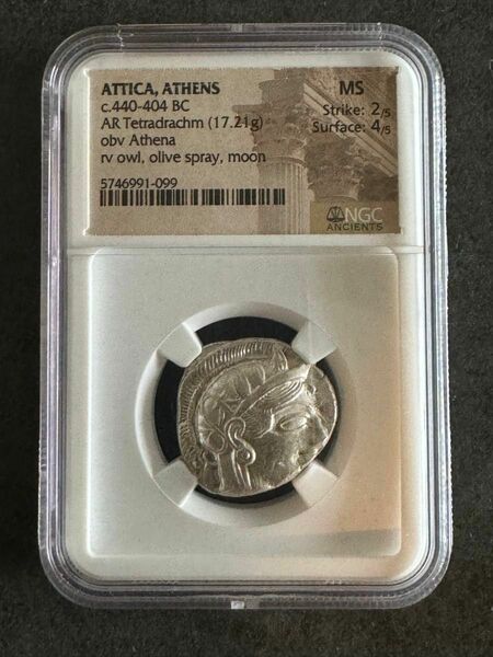 フクロウ MS 古代 ギリシャ テトラドラクマ 銀貨 440-404 BC アンティーク コイン　アテナ　NGC