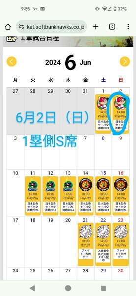 6月2日（日）14時　S席(ペア) 通路側より2枚　　 