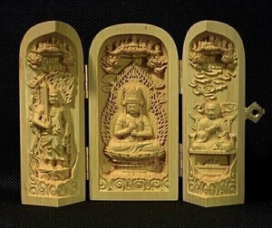 Art hand Auction [Premio Fortuna] Boxwood pillow deity, triad of Dainichi Nyorai, Acala, and Kobo Daishi 140366☆, accessories, clock, Handmade, others