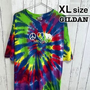 USA古着　GILDAN　Tシャツ　タイダイ柄　プリント　クマ　アニマル　ロゴ