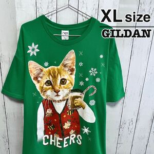 USA古着　GILDAN　Tシャツ　グリーン　ネコ　猫　キャット　アニマル柄