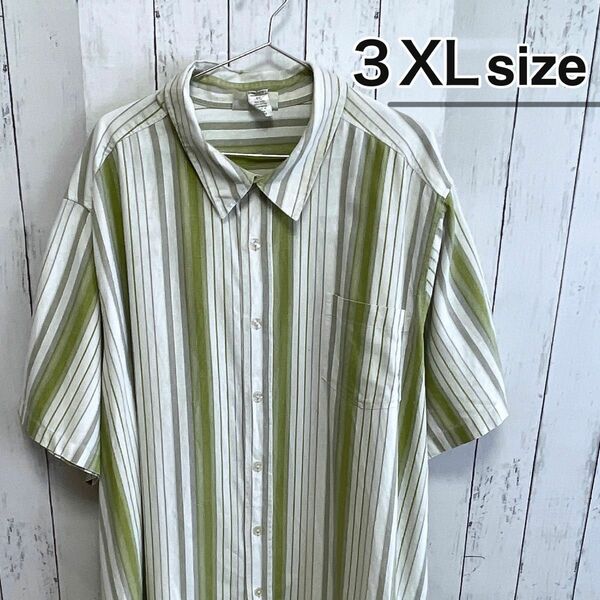 USA古着　KINGSIZE　半袖シャツ　3XL　リネン　麻　グリーン　ホワイト