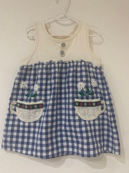 FMD キッズ服 ノースリーブワンピース チュニック サイズ90 ギンガムチェック ブルー 花柄