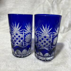 C684 切子ガラス グラス タンブラー 2点セット 藍色 ガラス工芸 工芸品 コレクション 伝統工芸品