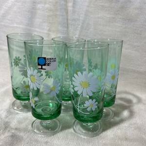 C1063 Showa Retro gala spade ate rear glass stone . glass with legs glass flower print 5 point set 