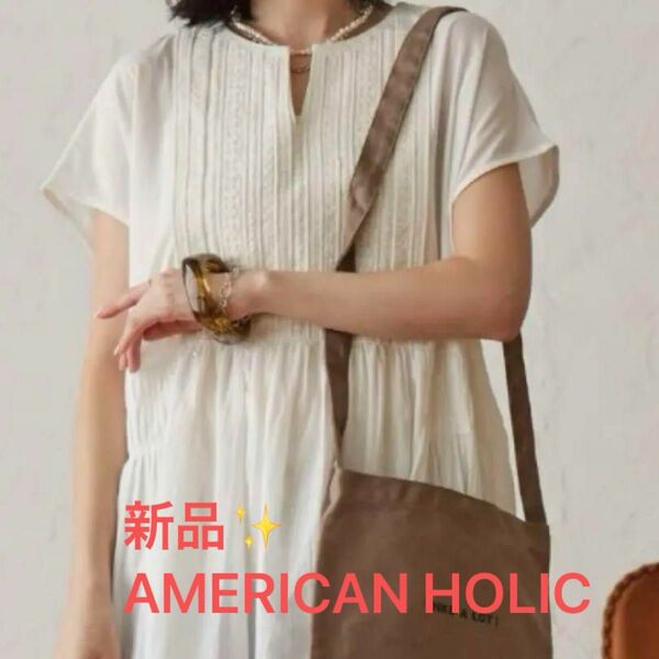 感謝sale 1275 新品　AMERICAN HOLIC⑪ 可愛いワンピース　フロント刺繍フレンチスリーブワンピース 