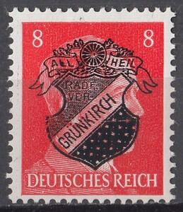 ドイツ第三帝国占領地 普通ヒトラー(GRUNKIRCH)加刷切手 8pf
