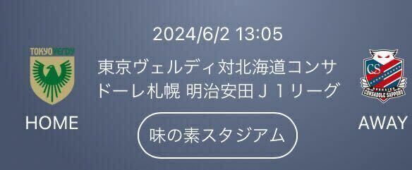 2024/6/2 13:05 キックオフ 東京ヴェルディ対北海道コンサドーレ札幌 味の素スタジアム ホーム自由　1名様