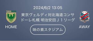 2024/6/2 13:05 東京ヴェルディ対北海道コンサドーレ札幌 味の素スタジアム バックBホーム　２名様