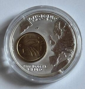 1999年　サントメプリンシベ　ユーロ　発行記念　スペイン5ペセタ　はめ込み　大型銀貨　プルーフ　記念硬貨　銀貨　シルバー