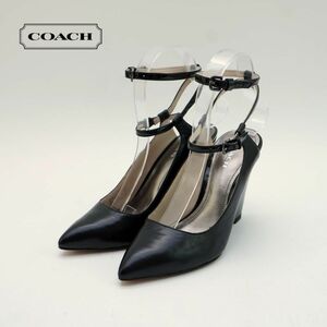 COACH コーチ 35.5 22.5 パンプス ウェッジソール ポインテッドトゥ アンクルストラップ エナメル 黒 ブラック/PC38