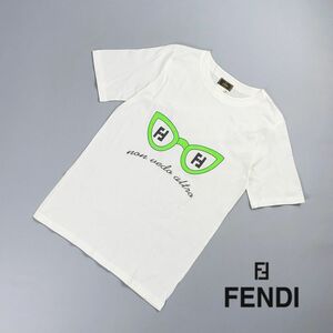 FENDI フェンディー メガネプリントデザインTシャツ 半袖カットソー トップス メンズ 白 黄緑 サイズM*PC717