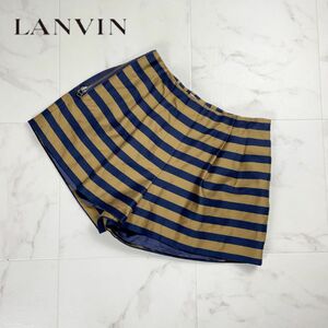 美品 LANVIN en Bleu ランバン オン ブルー ボーダー柄 サイドジップデザインショートパンツ ボトムス レディース 茶色 紺 サイズ38*PC877