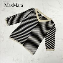 美品 Max Mara マックスマーラ イタリア製 デザインボーダー Vネック七分袖カットソー トップス レディース 黒 ベージュ サイズM*PC259_画像1
