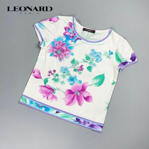 LEONARD レオナール 花柄プリント 半袖Tシャツ カットソー トップス レディース 白 ホワイト サイズ38*PC21