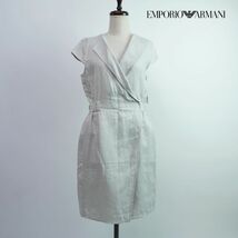 新品未使用 EMPORIO ARMANI エンポリオアルマーニ リネン100% カシュクール膝丈ワンピース レディース ライトグレー サイズS*PC159_画像1