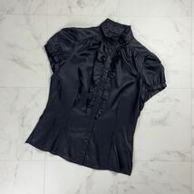 美品 Peyton Place ペイトンプレイス シルク デザインフリル フレンチスリーブ 半袖ブラウスシャツ トップス レディース 黒 サイズM*PC167_画像1