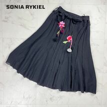 美品 SONIA RYKIEL ソニア リキエル ウール フラワーコサージュ プリーツフレアスカート ミモレ丈 裏地あり レディース 黒 サイズ36*PC170_画像1