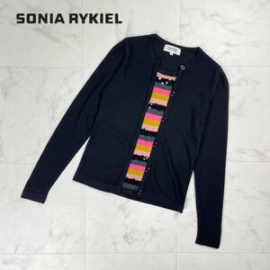 美品 SONIA RYKIEL ソニア リキエル 重ね着 カーディガン風 スパンコール刺繍ウール長袖カットソー トップス レディース 黒 サイズ32*PC171